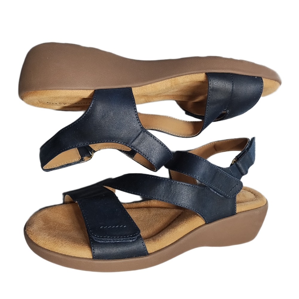 Easy Spirit Kimberly Wedge Sandals Womens US 10M Blue Brown Open Toe Hook & Loop
